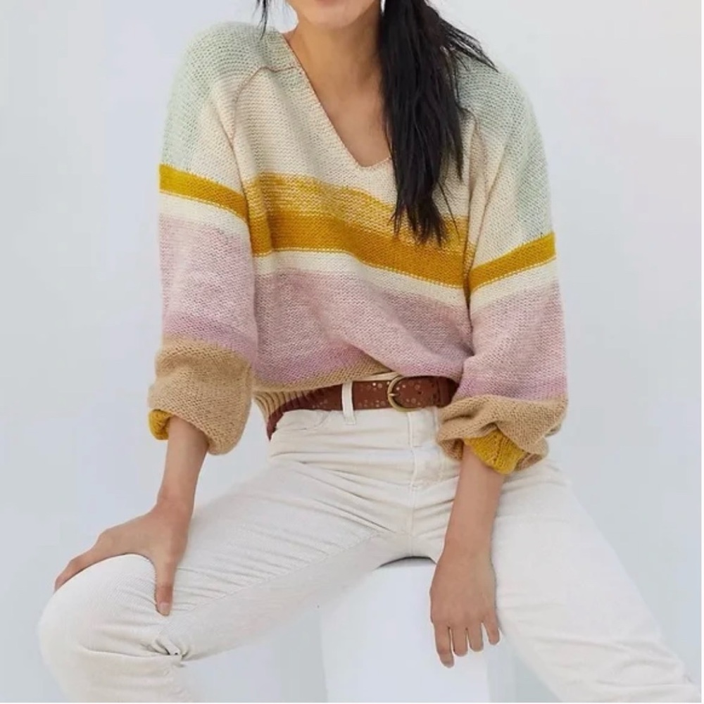 Anthropologie Theia V-Neck Sweater with Natural Stripe Metallic Accent I Size XS